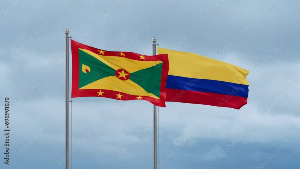 Colombia and Grenada flag waving together on cloudy sky, endless seamless loop, two country cooperation concept Colombia and Grenada flag waving together on cloudy sky, endless seamless loop, two country cooperation concept
