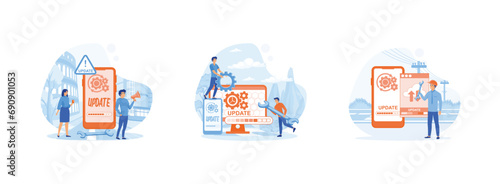 Cartoon software update people for mobile app design, update software mini people work with upgrade system, update process, install software. Software update set flat vector modern illustration