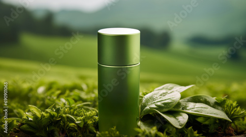 Wallpaper Mural Luxury Mockup green tea cosmetic Bottle-packaging cream and lotion formula for healthy skin Beauty cosmetic product poster: Green tea leaves and natural color background banner ad for beauty products Torontodigital.ca