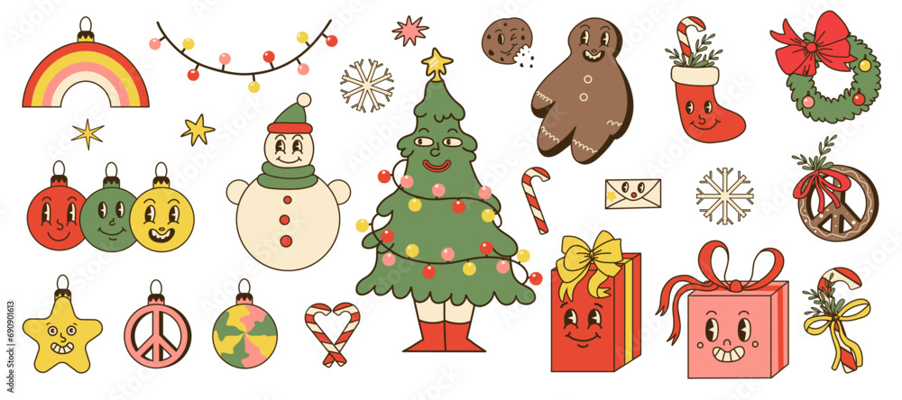 Groovy Christmas. Comic retro winter characters and decorative elements. Funny tree, glass balls, cute gifts and snowman. Hippie gingerbread and spruce wreath. Cartoon vector in 70s 80s Groovy Christmas. Comic retro winter characters and decorative elements. Funny tree, glass balls, cute gifts and snowman. Hippie gingerbread and spruce wreath. Cartoon vector in 70s 80s
