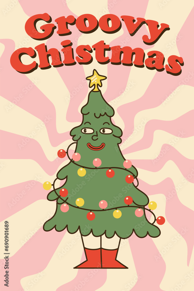 Groovy Christmas poster or social media banner. Greeting card. Comic retro winter character. Hippie sign. Funny tree, glass balls. Cartoon vector illustration in 70s Groovy Christmas poster or social media banner. Greeting card. Comic retro winter character. Hippie sign. Funny tree, glass balls. Cartoon vector illustration in 70s