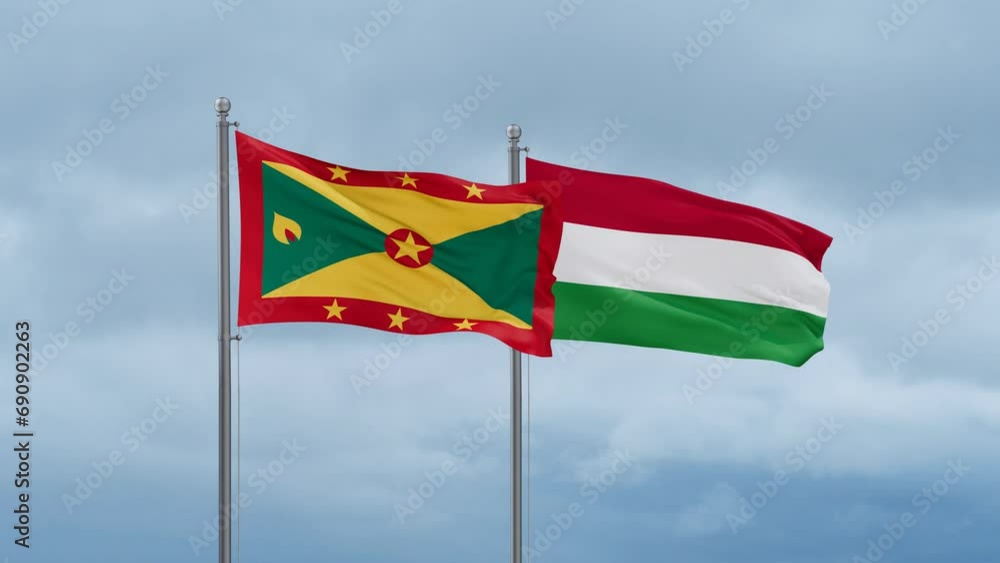 Hungary flag and Grenada flag waving together on cloudy sky, endless seamless loop, two country relations concept Hungary flag and Grenada flag waving together on cloudy sky, endless seamless loop, two country relations concept