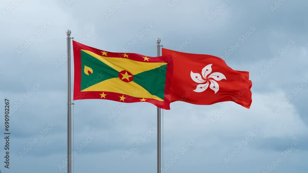 Hong Kong flag and Grenada flag waving together on cloudy sky, endless seamless loop, two country relations concept Hong Kong flag and Grenada flag waving together on cloudy sky, endless seamless loop, two country relations concept