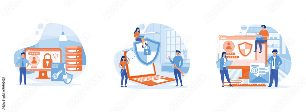 Computer Security. Personal id data file protection.Internet security. Data protection 2 set flat vector modern illustration 