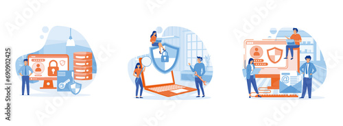 Computer Security. Personal id data file protection.Internet security. Data protection 2 set flat vector modern illustration 