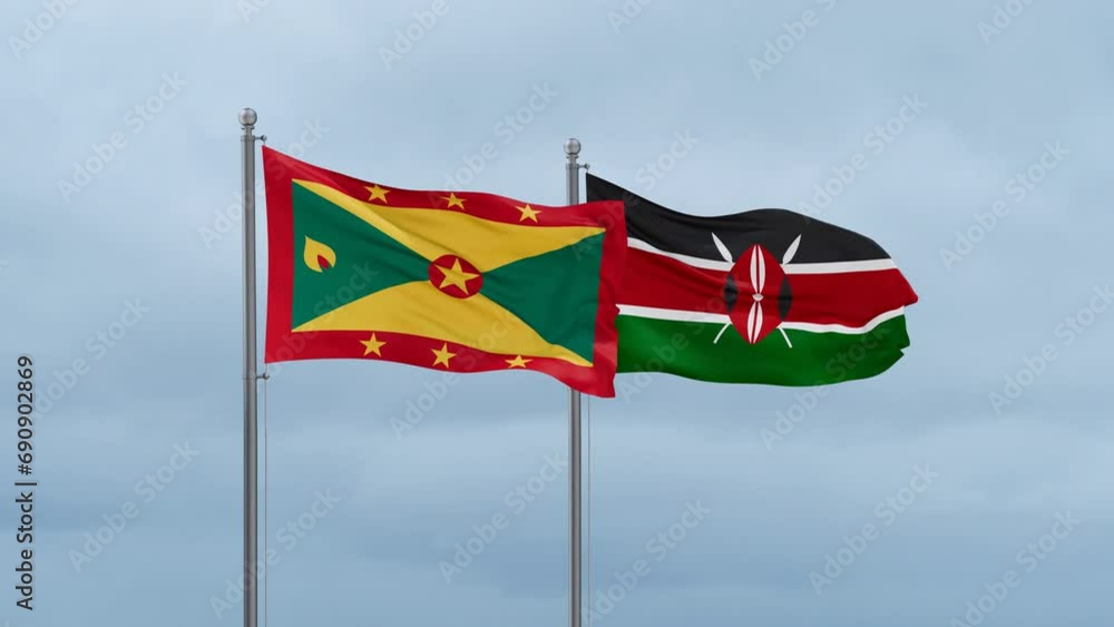 Kenya flag and Grenada flag waving together on cloudy sky, endless seamless loop, two country relations concept Kenya flag and Grenada flag waving together on cloudy sky, endless seamless loop, two country relations concept