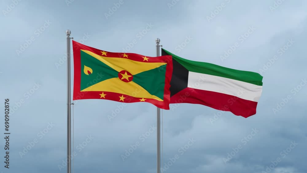 Kuwait and Grenada flag waving together on cloudy sky, endless seamless loop, two country cooperation concept Kuwait and Grenada flag waving together on cloudy sky, endless seamless loop, two country cooperation concept