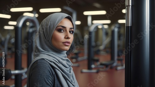 portrait of a Muslim woman in a hijab in the gym