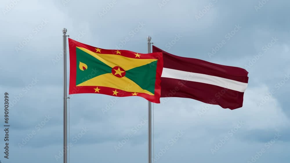 Latvia and Grenada flag waving together on cloudy sky, endless seamless loop, two country cooperation concept Latvia and Grenada flag waving together on cloudy sky, endless seamless loop, two country cooperation concept