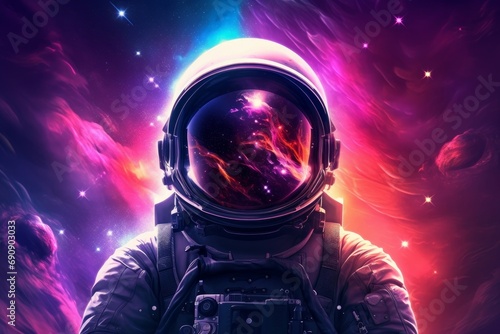 Astronaut in space with stars, a galaxy, a purple and blue nebula and galaxies reflected in his helmet. Generative AI 