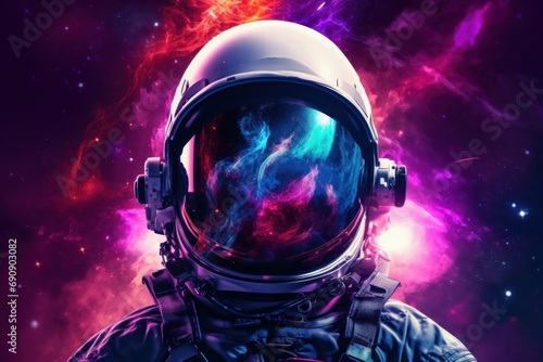 Astronaut in space with stars, a galaxy, a purple and blue nebula and galaxies reflected in his helmet. Generative AI 