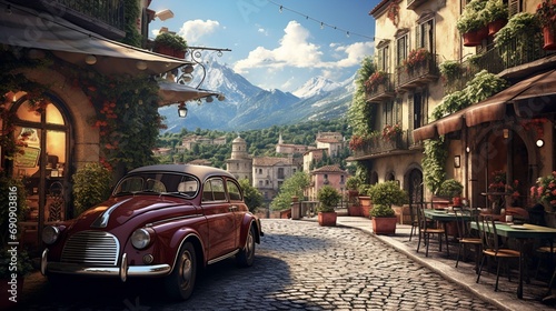 a charming scene of a vintage car parked in front of a quaint car with a picturesque European village as the backdrop, exuding old-world charm. 