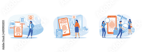 Biometric documents in smart phone app. Electronic identity card. Fingerprint screening security system. Biometric access set flat vector modern illustration 