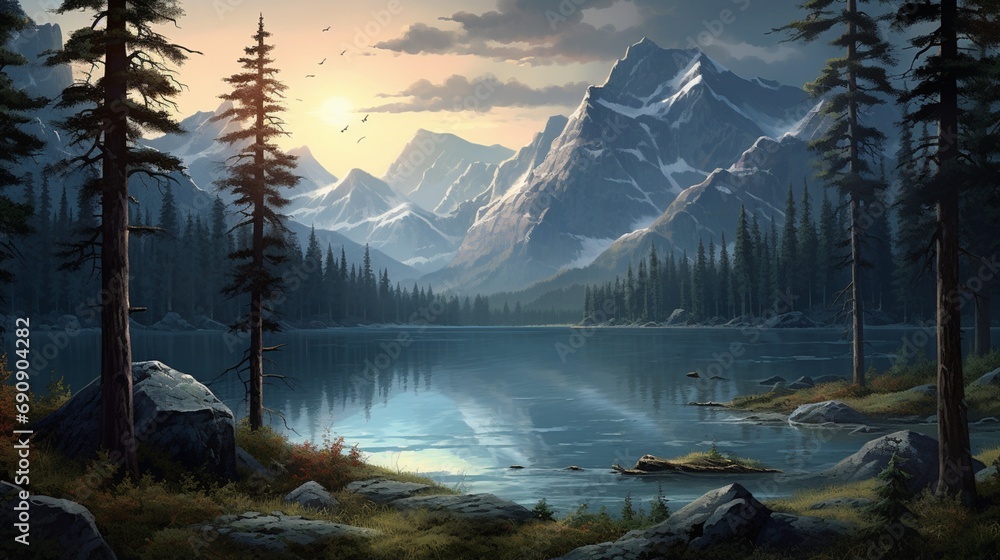 nature landscape, a lake surrounded by mountains and trees, naturalism, sense of awe, art   - obrazy, fototapety, plakaty 