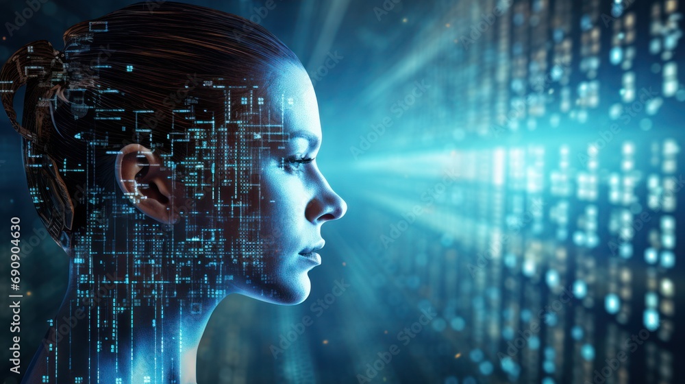 Artificial Intelligence Large Language Model (LLM). Female head with human face matrix digital numbers artificial intelligence artificial intelligence theme. - obrazy, fototapety, plakaty 