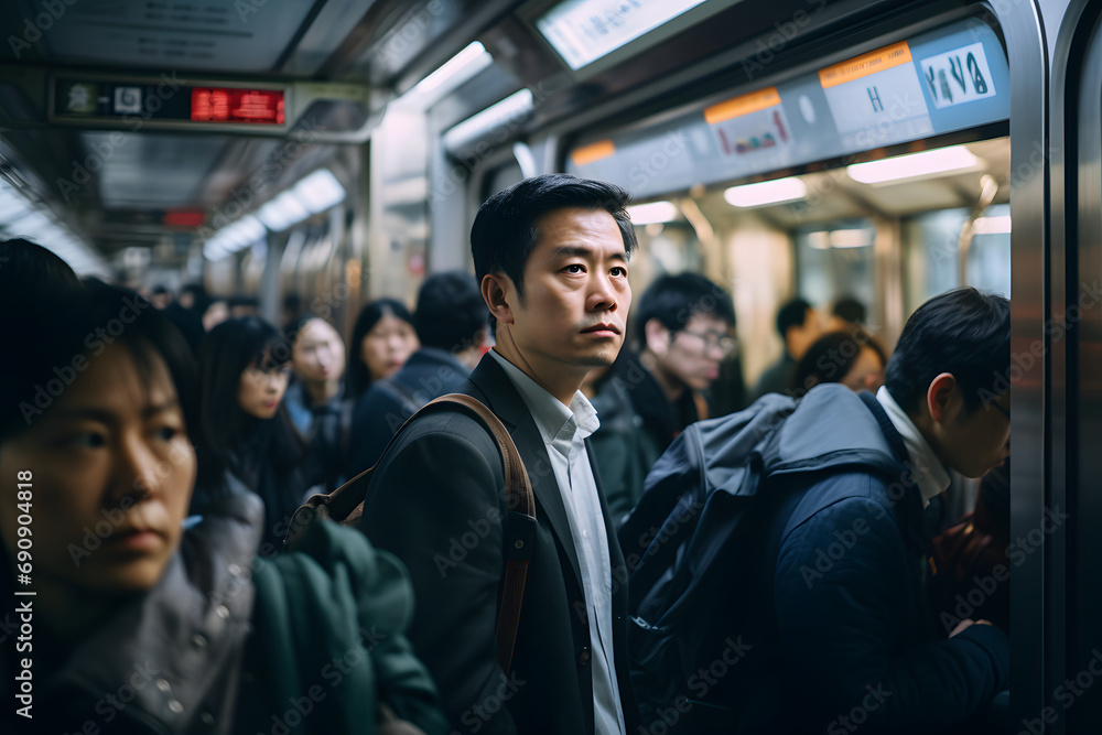 Crowds of people in an asistic subway. The focus is on a businessman with a stoic face. Crowds of people in an asistic subway. The focus is on a businessman with a stoic face.