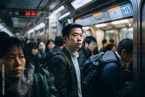 Crowds of people in an asistic subway. The focus is on a businessman with a stoic face.
