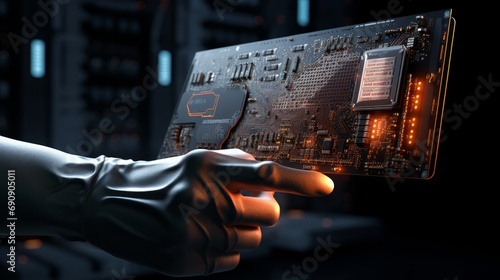 A contemporary, high-tech robot arm holding an advanced supercomputer processor. Industrial Robotic Manipulator End Effector Holding CPU Chip photo