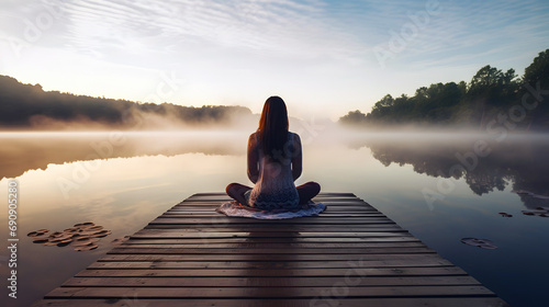 Young woman meditating on a wooden pier on the edge of a lake in a peaceful natural environment, yoga, mindfulness, relaxation, tranquility photo