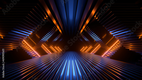 Sci Fi neon glowing lines in a dark tunnel. Reflections on the floor and ceiling. Empty background in the center. 3d rendering image. Abstract glowing lines. Technology futuristic background.