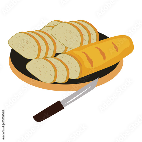Wheaten French bread, long loaf, baguette with crackling crust. Cutted to slices, pieces for eaten, toasts, sandwiches, sarnies. 小麦粉のフランスパン、長いパン、パチパチとした皮のバゲット。