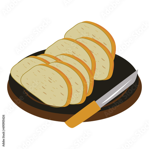 Wheaten French bread, long loaf, baguette with crackling crust. Cutted to slices, pieces for eaten, toasts, sandwiches, sarnies. 小麦粉のフランスパン、長いパン、パチパチとした皮のバゲット。