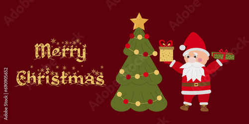 Santa Claus template a festive banner, flyer. Santa Claus next to the Christmas tree. Vector illustration.