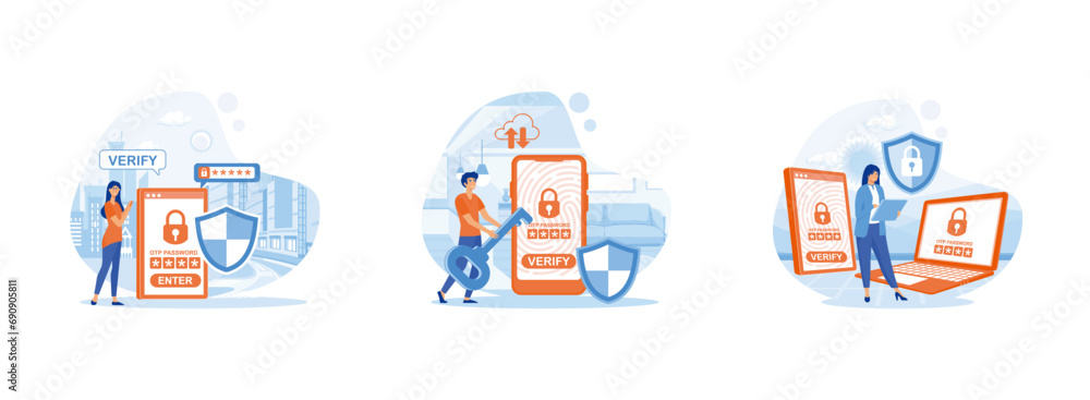 Secure transaction. One time password for secure transaction. Digital payment transaction for mobile app on smartphone screen. One time password OTP set flat vector modern illustration  - obrazy, fototapety, plakaty 