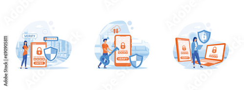 Secure transaction. One time password for secure transaction. Digital payment transaction for mobile app on smartphone screen. One time password OTP set flat vector modern illustration 
