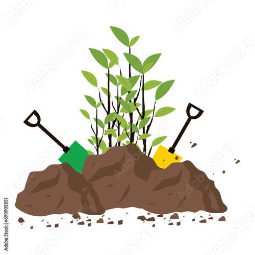 Green plants grow from soil and soil shovels.