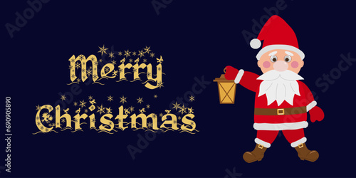 Santa Claus template a festive banner, flyer. Lettering in gold letters on a dark blue background. Vector illustration.
