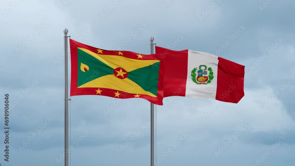 Peru and Grenada flag waving together on cloudy sky, endless seamless loop, two country cooperation concept Peru and Grenada flag waving together on cloudy sky, endless seamless loop, two country cooperation concept