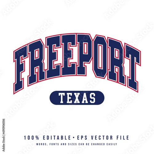 Freeport text effect vector. Editable college t-shirt design printable text effect vector	 photo