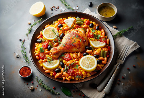 Paella with rice, seafood and chicken is on a plate