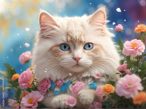 Cat and Flowers: Feline Companionship Amidst Floral Beauty, Adorable Cat Amidst Blooming Floral Arrangements, Playful Cat Amongst a Garden of Flowers