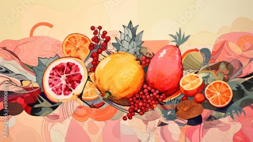 Artistic representations of fruits in pastel colors  including grapes  pineapple  pomegranate  and pear. An abstract collage of fruits incorporating embroidery and texturing.