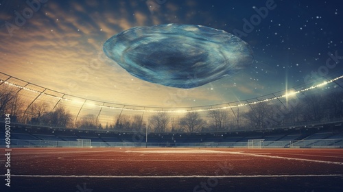 The arc of a discus mid-flight, frozen against a backdrop of an empty athletic field © saleh