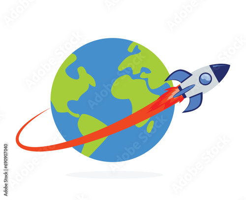 Digital rocket flies in orbit of planet Earth or Spaceship in outer cosmos