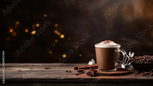 hot chocolate on wood table with copy space, 16:9