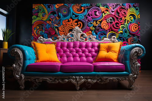 Fashionable comfortable stylish colorful sofa against the wall in the room