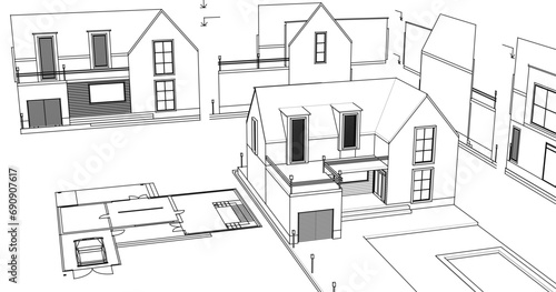  house architectural project sketch 3d illustration