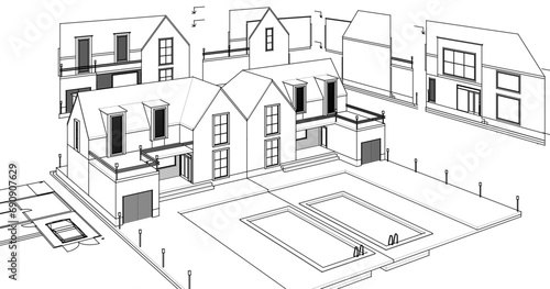  house architectural project sketch 3d illustration