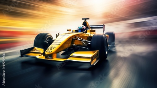 Racing driver passes the finish point and motion blur background. Motion blur background. Blur shows speed of Formula 1