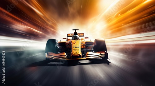 Racing driver passes the finish point and motion blur background. Motion blur background. Blur shows speed of Formula 1 photo