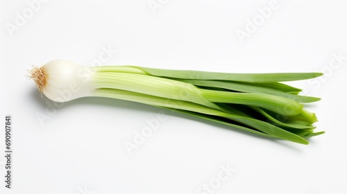 A pristine leek, its green and white gradients capturing attention, isolated on a clean white scene.