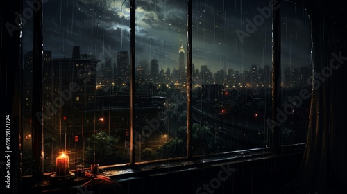 Rain lightly on the glass pane in the night.
