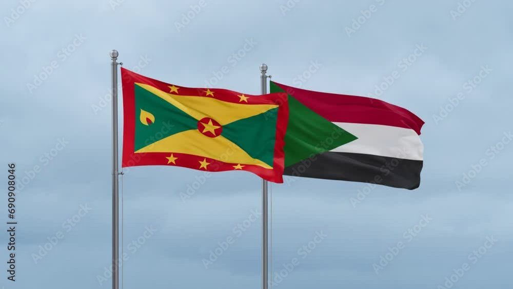 Sudan and Grenada flag waving together on cloudy sky, endless seamless loop, two country cooperation concept Sudan and Grenada flag waving together on cloudy sky, endless seamless loop, two country cooperation concept