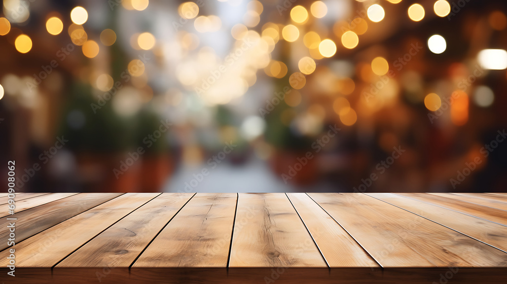 Empty wooden table and blurred Christmas background of abstract in front of coffee shop or restaurant for display of product or for montage. Generative AI