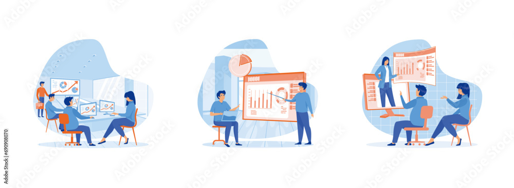 People at business training look at presentation with graphics, Can use for web banner, infographics Online webinar with business coach banner. Business training set flat vector modern illustration People at business training look at presentation with graphics, Can use for web banner, infographics Online webinar with business coach banner. Business training set flat vector modern illustration