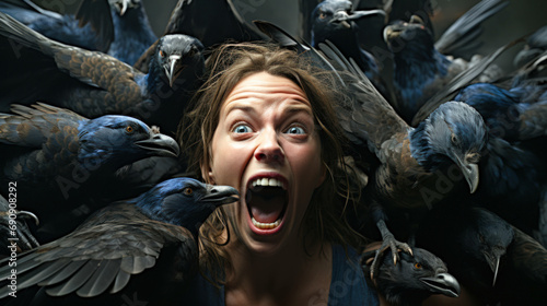 ornithophobia: an elaborate, ultra-realistic exploration of the deep-seated fear of birds, capturing the terror and anxiety evoked by their presence, flight, and sounds - ai generated photo